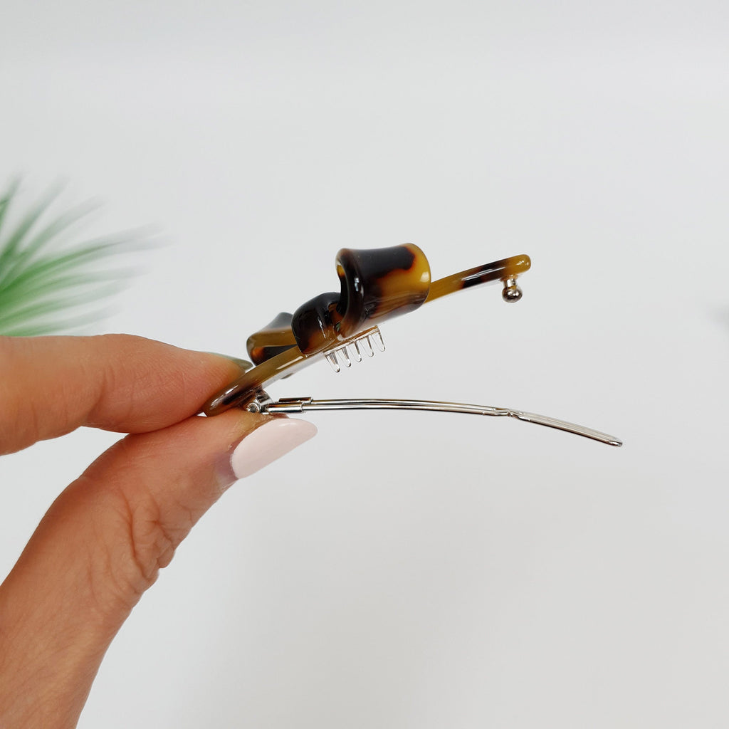 Leopard Marble Mini Double Ribbon Bobby Pin (2.2 Inch) / Tortoise Marble French Hair Pin Clip / Hair Accessory for Woman / Bow Barrette