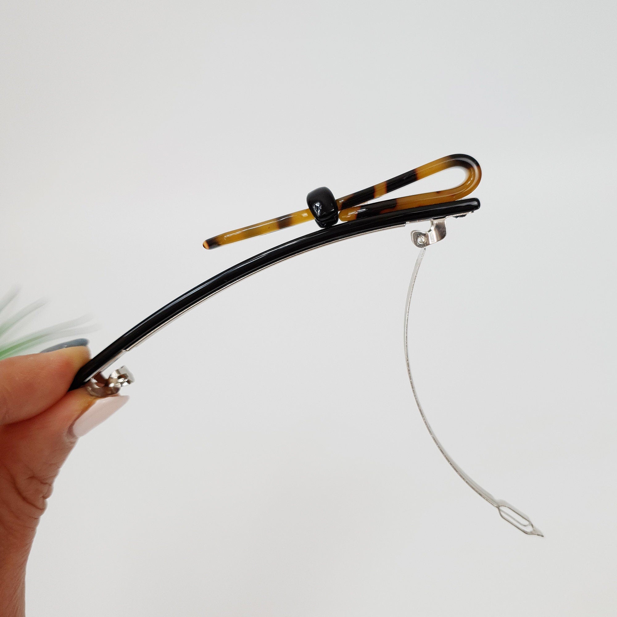 Leopard Art Long Ribbon Hair Barrette (4.3 Inch) / Tortoise Shell French Hair Pin / Hair Accessory for Woman / Automatic Hair Clip