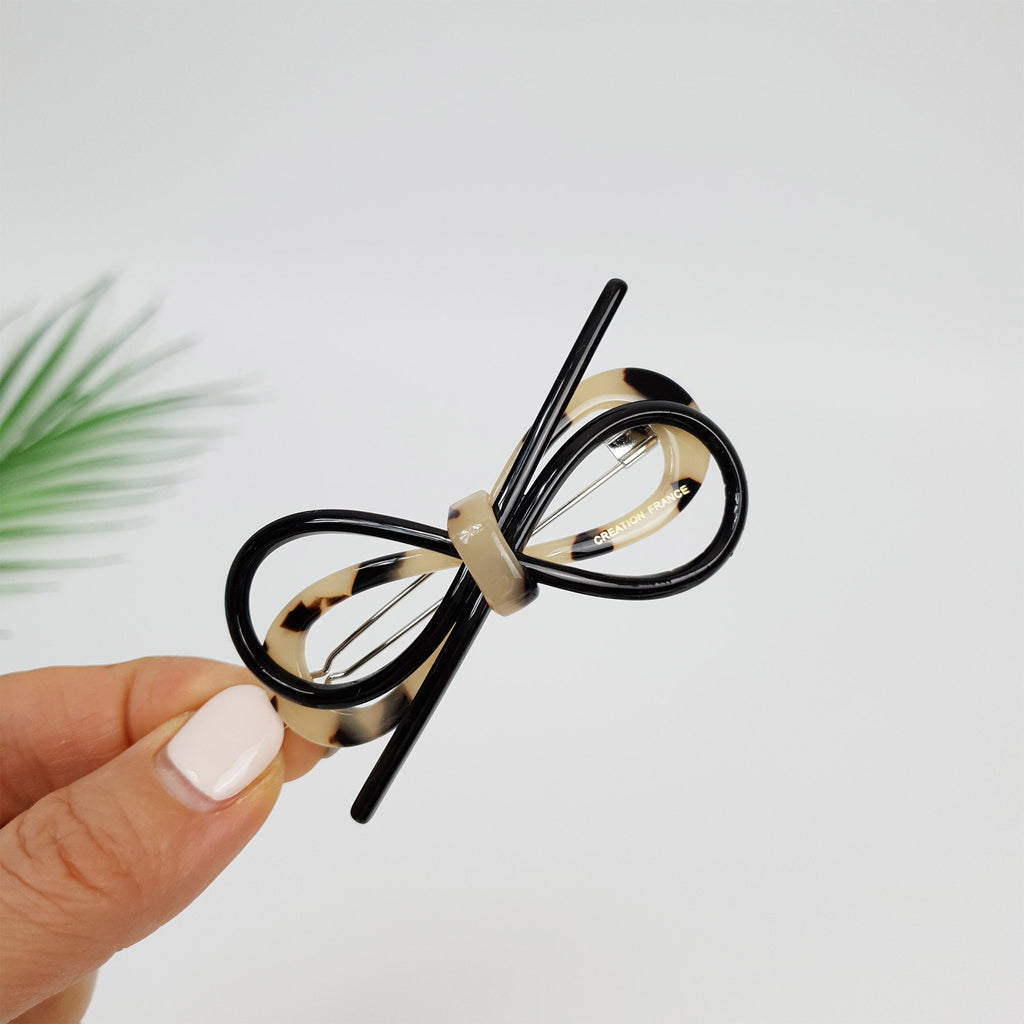 Leopard Marble Twin Ribbon Black Harmony Bobby Pin (2.6 Inch) / Cute French Hair Pin Clip / Hair Accessory for Woman / Bow Barrette