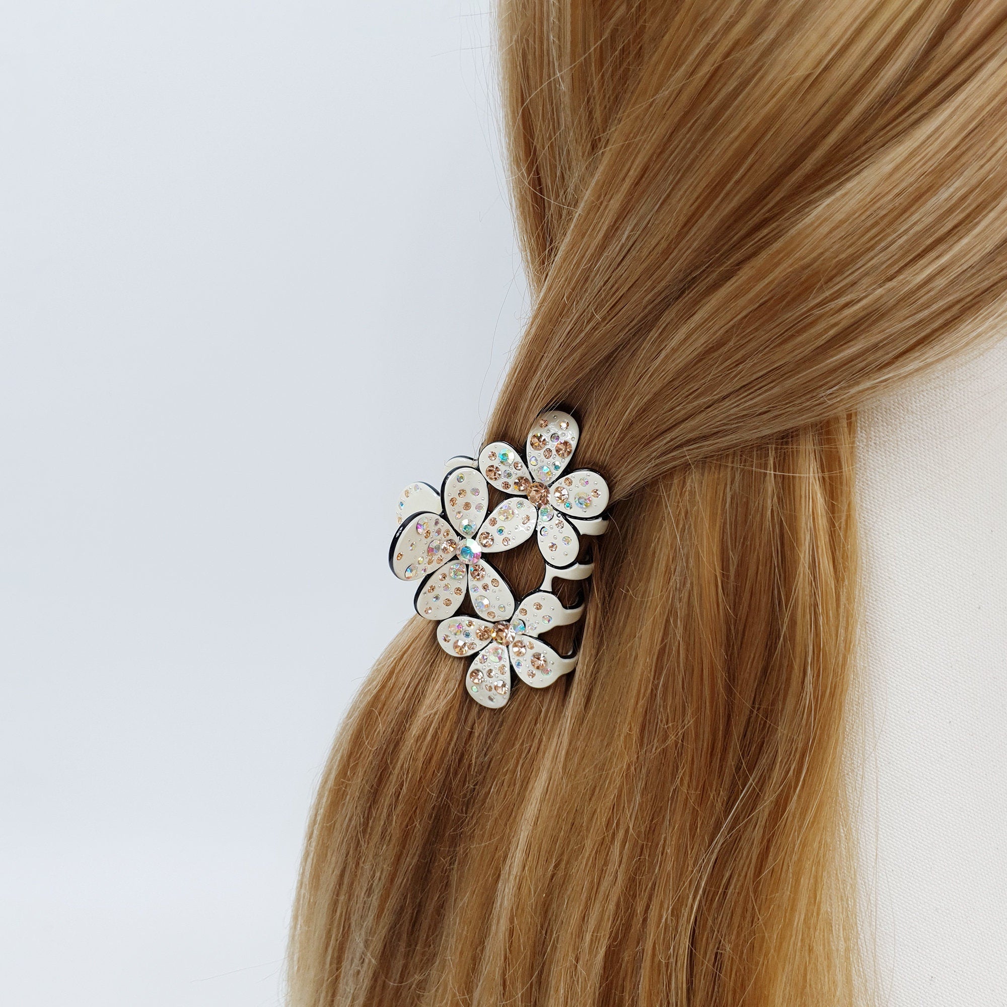 Pastel Color Sparkling Triple Blossom Hair Claw Clip / Luxurious French Hair Pin / Hair Accessory for Woman / Flower Hair Clip