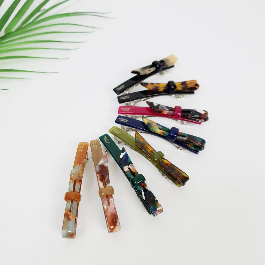 Cellulose acetate skinny barrette with mini bow knot, tortoise shell and solid color automatic hair clip for bangs, 2.8 inch small hair accessory.