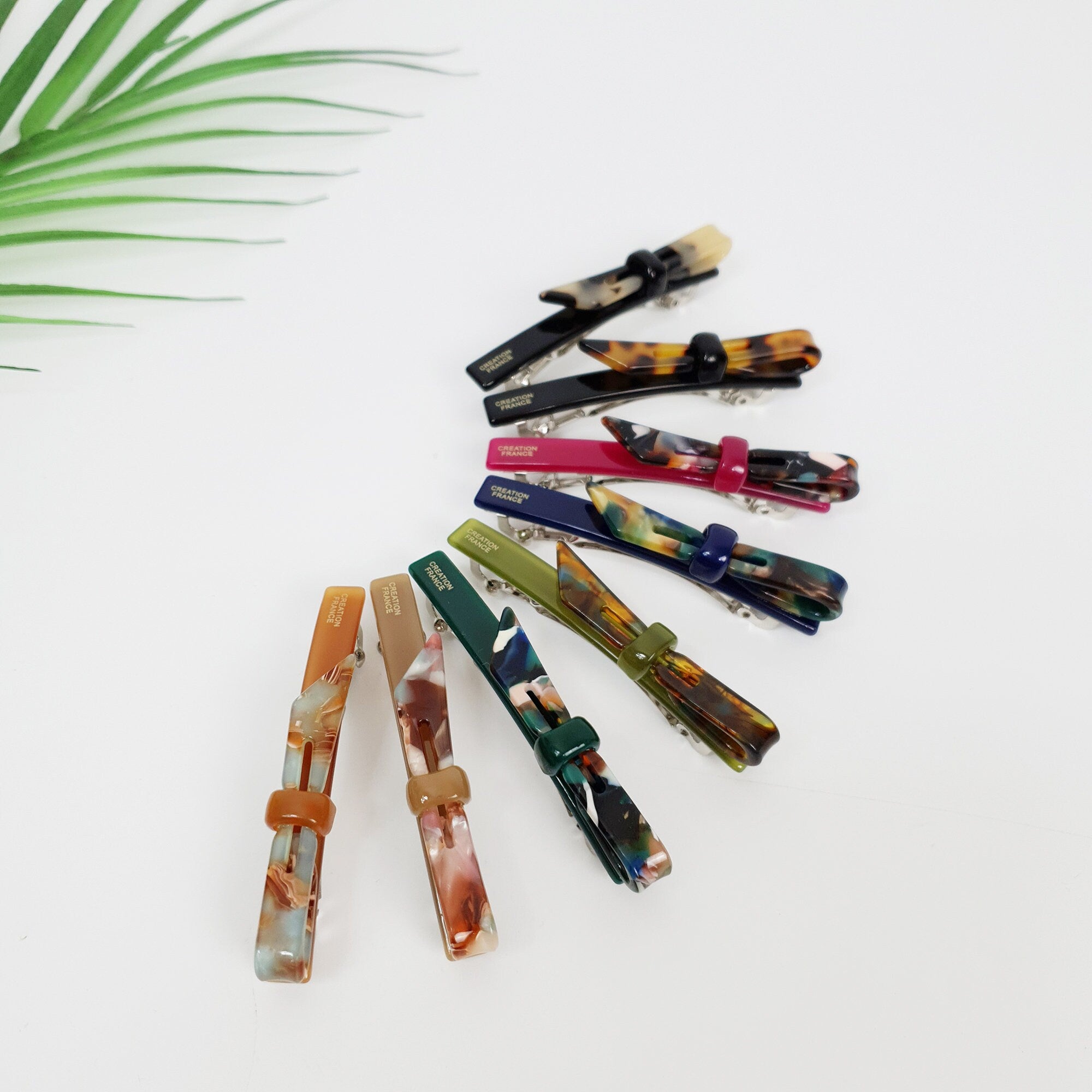 Cellulose acetate skinny barrette with mini bow knot, tortoise shell and solid color automatic hair clip for bangs, 2.8 inch small hair accessory.