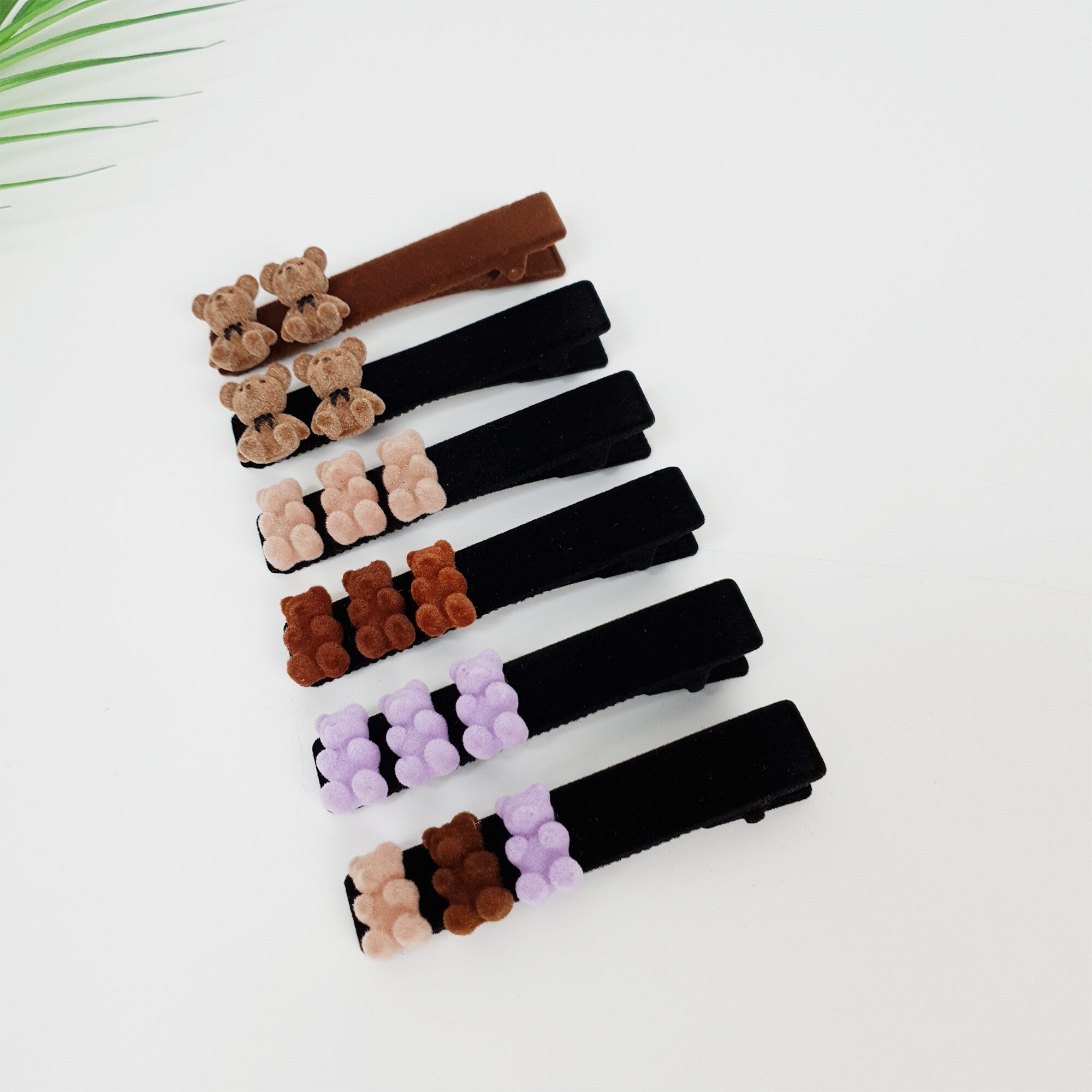 Black and brown velvet alligator hair clip with cute teddy bear charms. 3.1 inch soft fabric side barrette. Handmade winter hair accessory for girls.