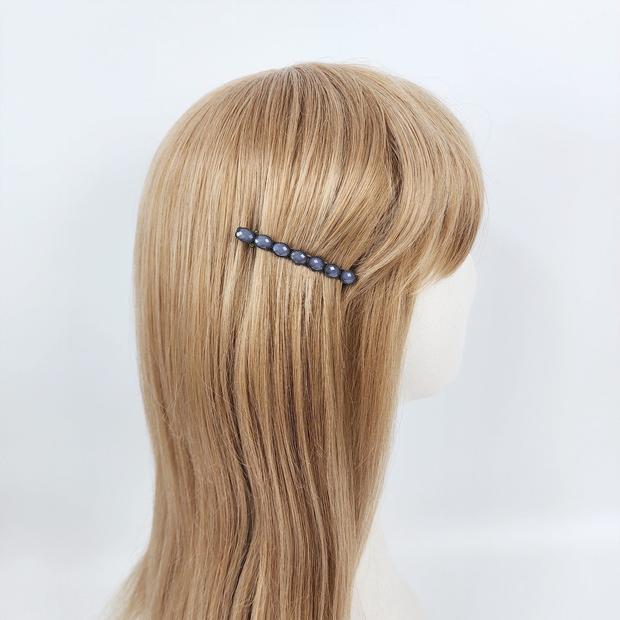 Oval Formica Hair Barrette (2.4 Inch) / Diamond Cut Formica Stone Decorated Barrette / Vintage Antique Hair Accessory / Automatic Hair Pin
