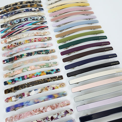 Sleek rectangular cellulose acetate barrette in 44 colors including tortoise shell and marble, long skinny automatic clasp for half-up styling, minimalist hair jewelry.