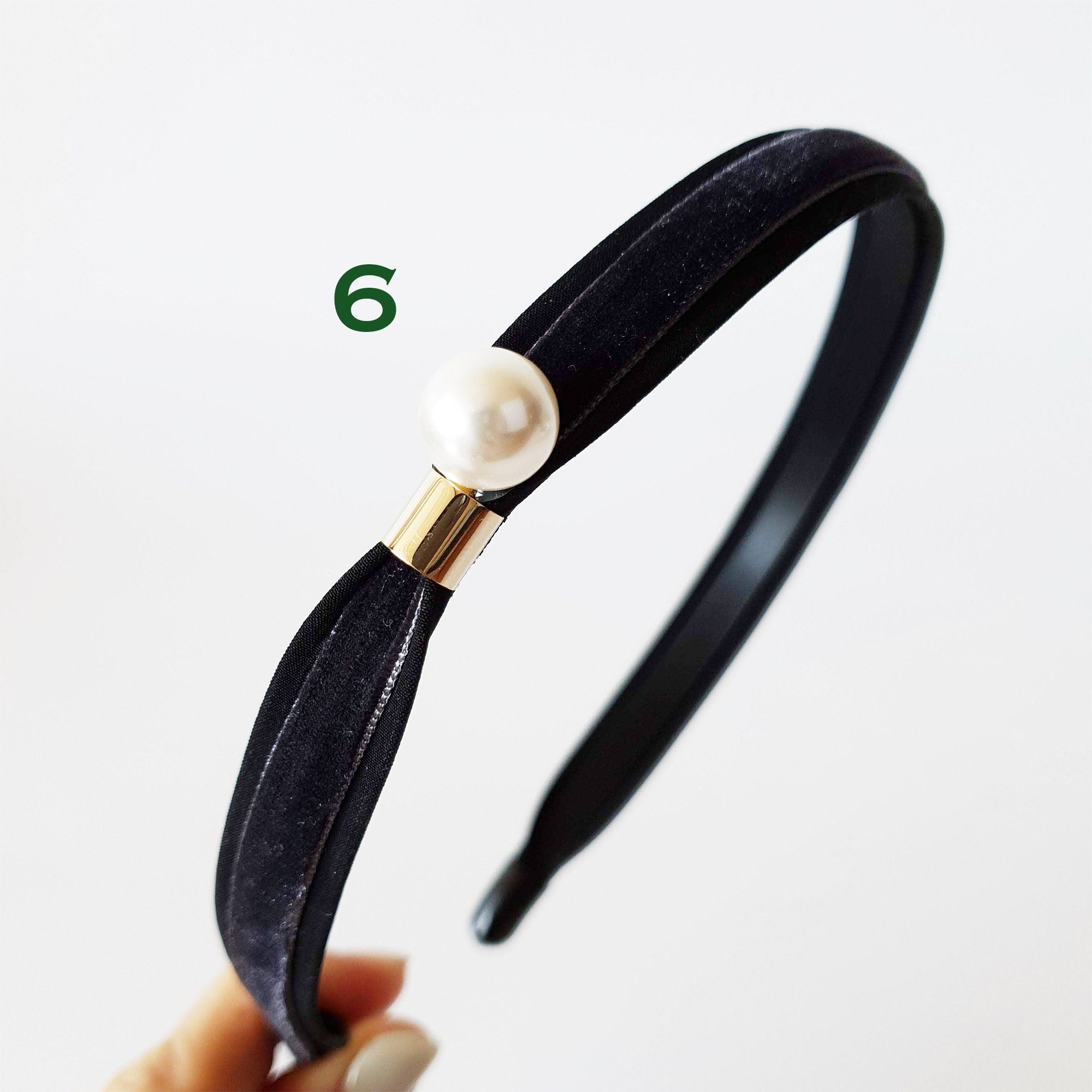 Black Velvet Pearl Headband, Simple Pearl Alice Band, White Ivory Pearl Headpiece for Woman, Handmade Head Wrap, Narrow Classic Headband