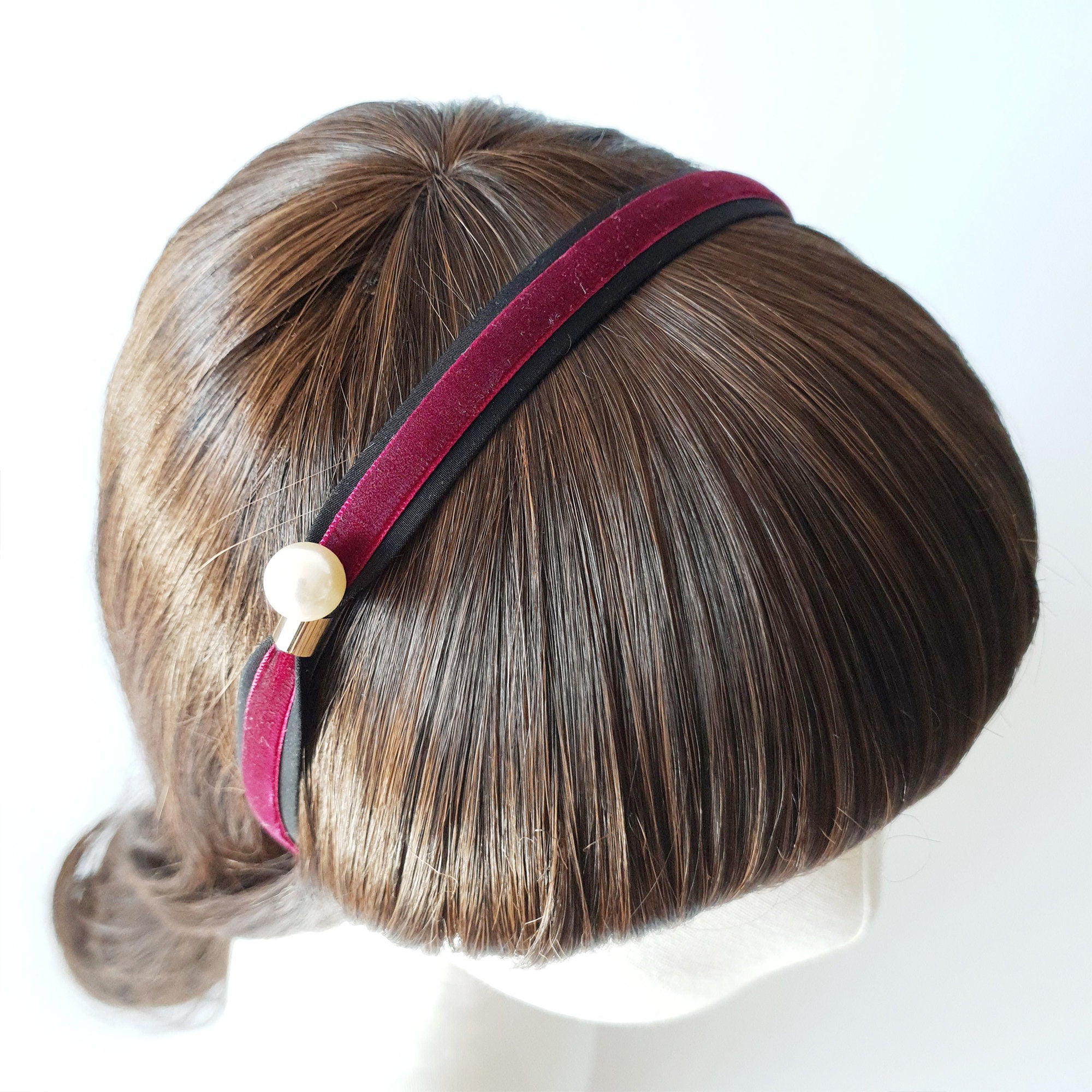 Black Velvet Pearl Headband, Simple Pearl Alice Band, White Ivory Pearl Headpiece for Woman, Handmade Head Wrap, Narrow Classic Headband
