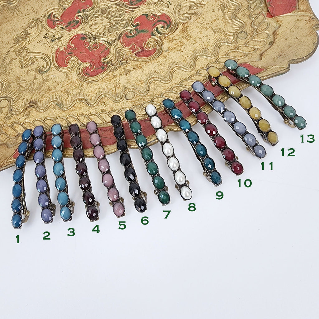 Oval Formica Hair Barrette (2.4 Inch) / Diamond Cut Formica Stone Decorated Barrette / Vintage Antique Hair Accessory / Automatic Hair Pin
