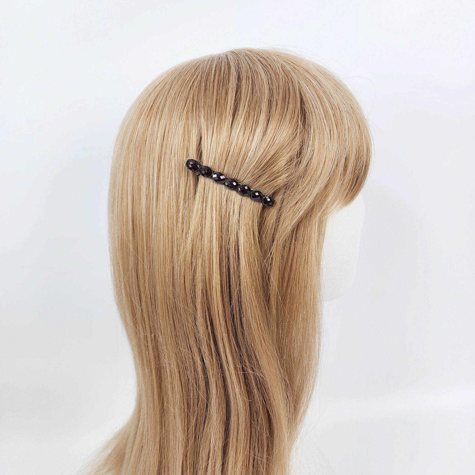 Oval Formica Hair Barrette (2.4 Inch) / Diamond Cut Formica Stone Decorated Barrette / Vintage Antique Hair Accessory / Automatic Hair Pin