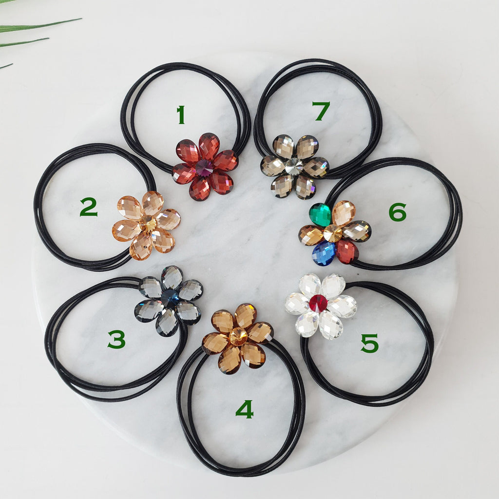 Swarovski Point Glass Flower Hair Tie / Three Line Ponytail Holder / Hair Accessory for Woman