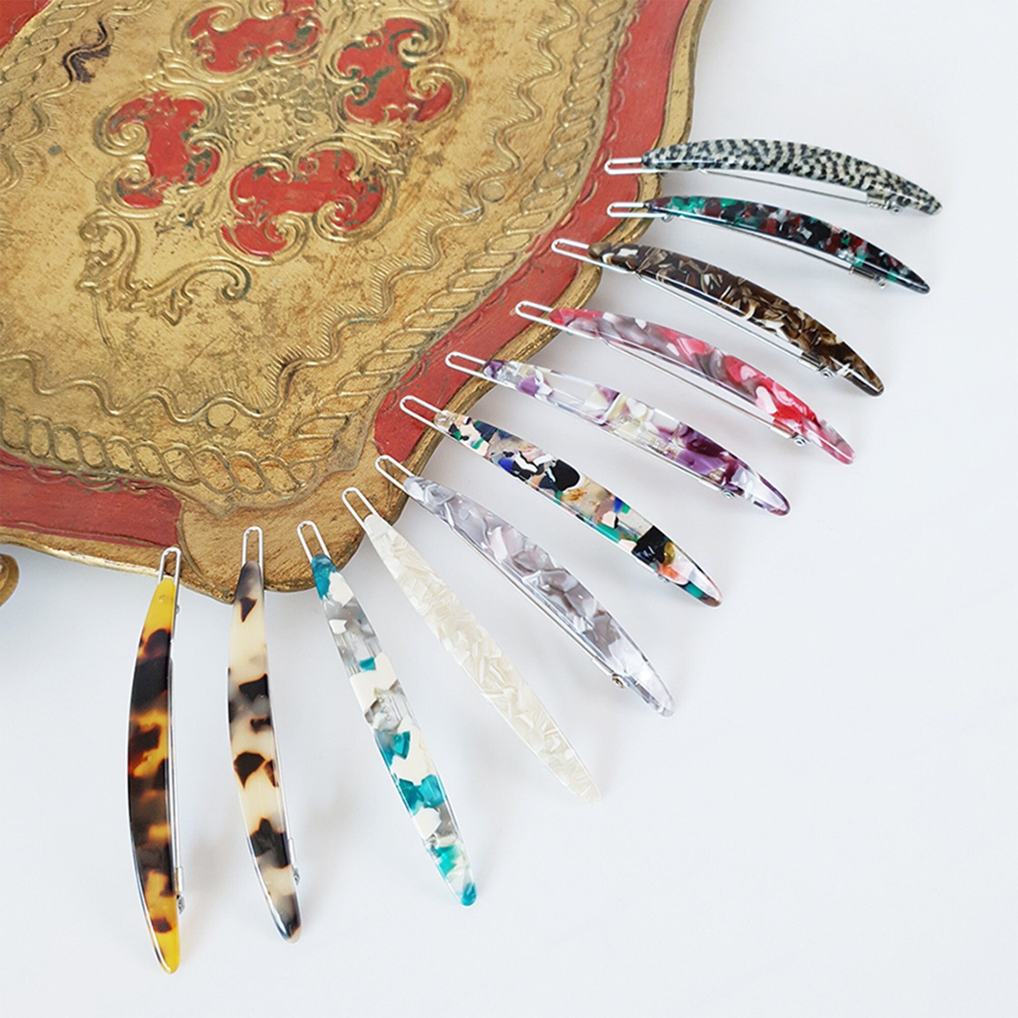 Long skinny cellulose acetate bobby pin for side bangs. 3 inch tortoise shell and marble hair slide. Minimalist hair accessory for women.