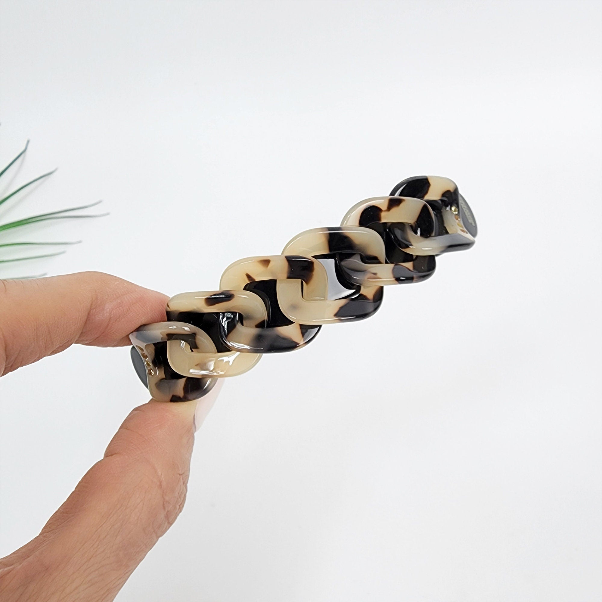 Leopard Square Chain Hair Barrette with Cubic (3.5 Inch) / Tortoise Shell French Hair Pin / Hair Accessory for Woman / Automatic Hair Clip