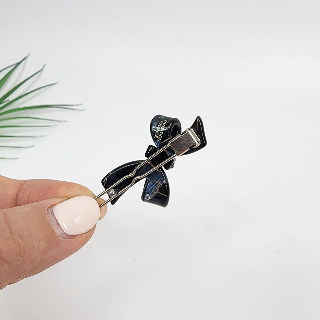 Extra Mini Double Ribbon Bobby Pin with Cubic Stone (1.8 Inch) / Luxurious French Pin / Hair Accessory for Woman / Snap Clip for Thin Hair