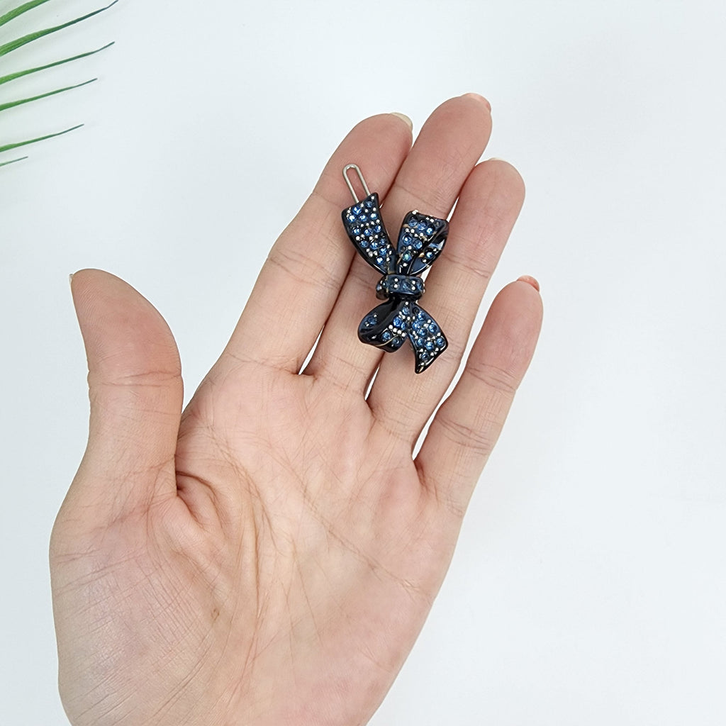 Extra Mini Double Ribbon Bobby Pin with Cubic Stone (1.8 Inch) / Luxurious French Pin / Hair Accessory for Woman / Snap Clip for Thin Hair