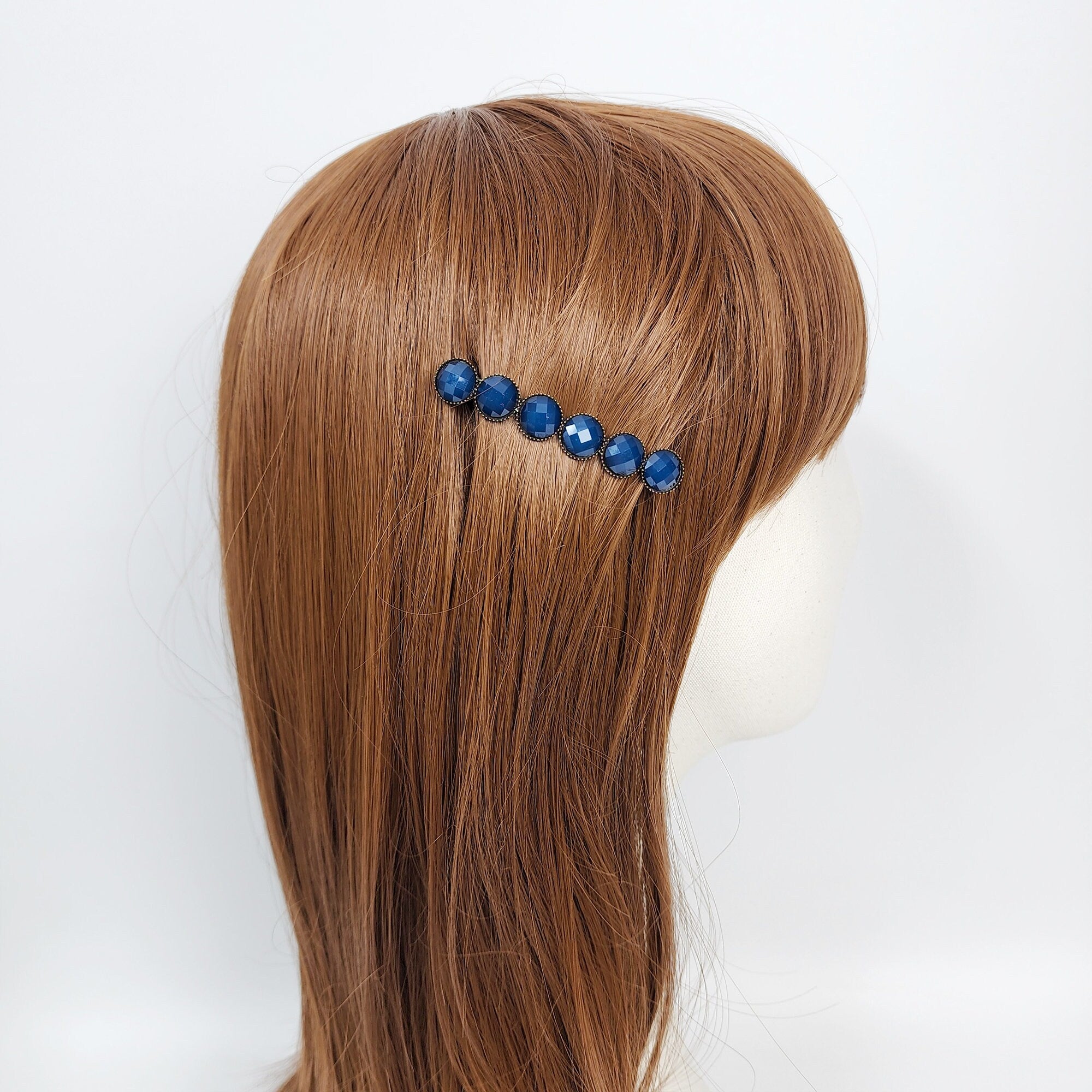 Vintage Antique Formica Circle Hair Barrette (2.4 Inch) / Diamond Cut Formica Stone Decorated Barrette / Automatic Hair Pin