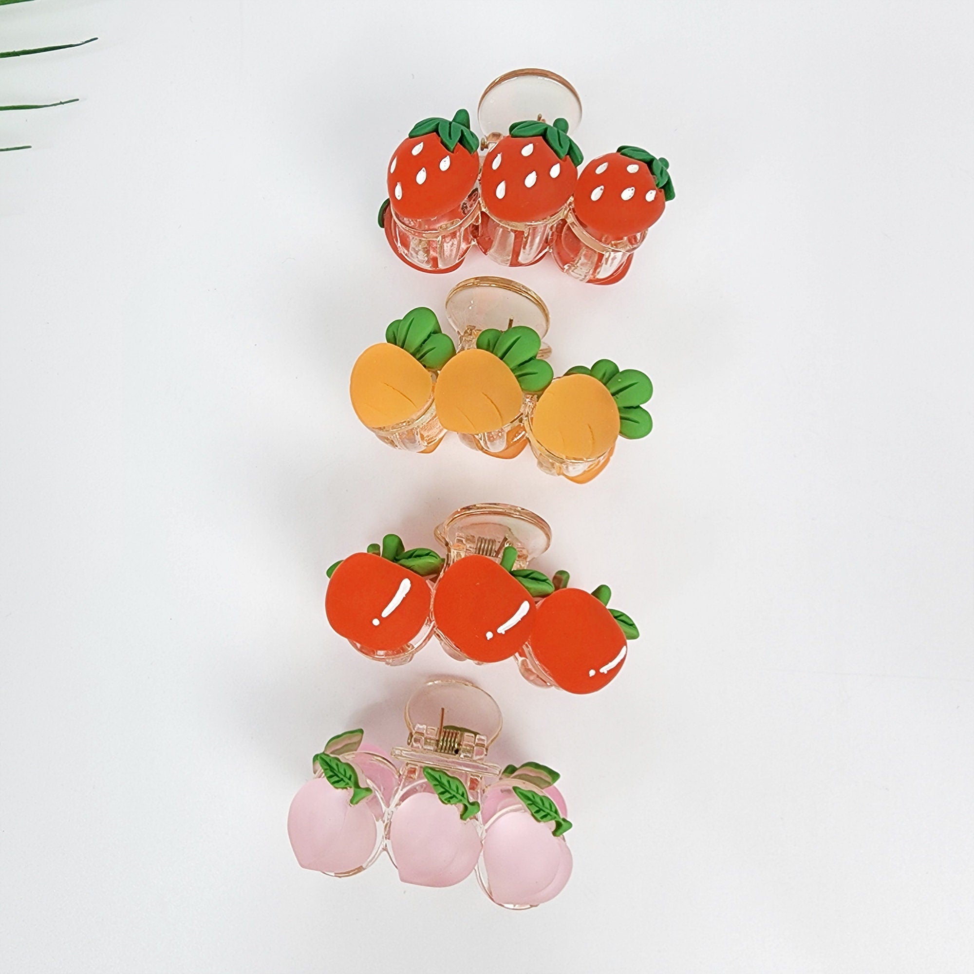Clear acrylic medium hair claw clip with 3D fruit charms strawberry carrot apple peach for cute half up hairstyles women and girls.