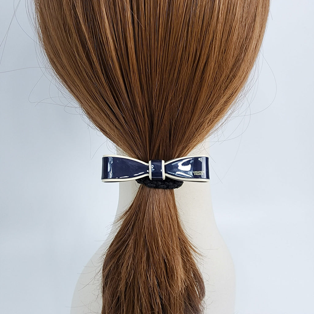 Glossy cellulose acetate flat bow hair tie with color block trim in black ivory and navy. Thick braided elastic ponytail holder 2.9 inch sleek ribbon charm for women birthday gift. Preppy Korean fashion accessory.