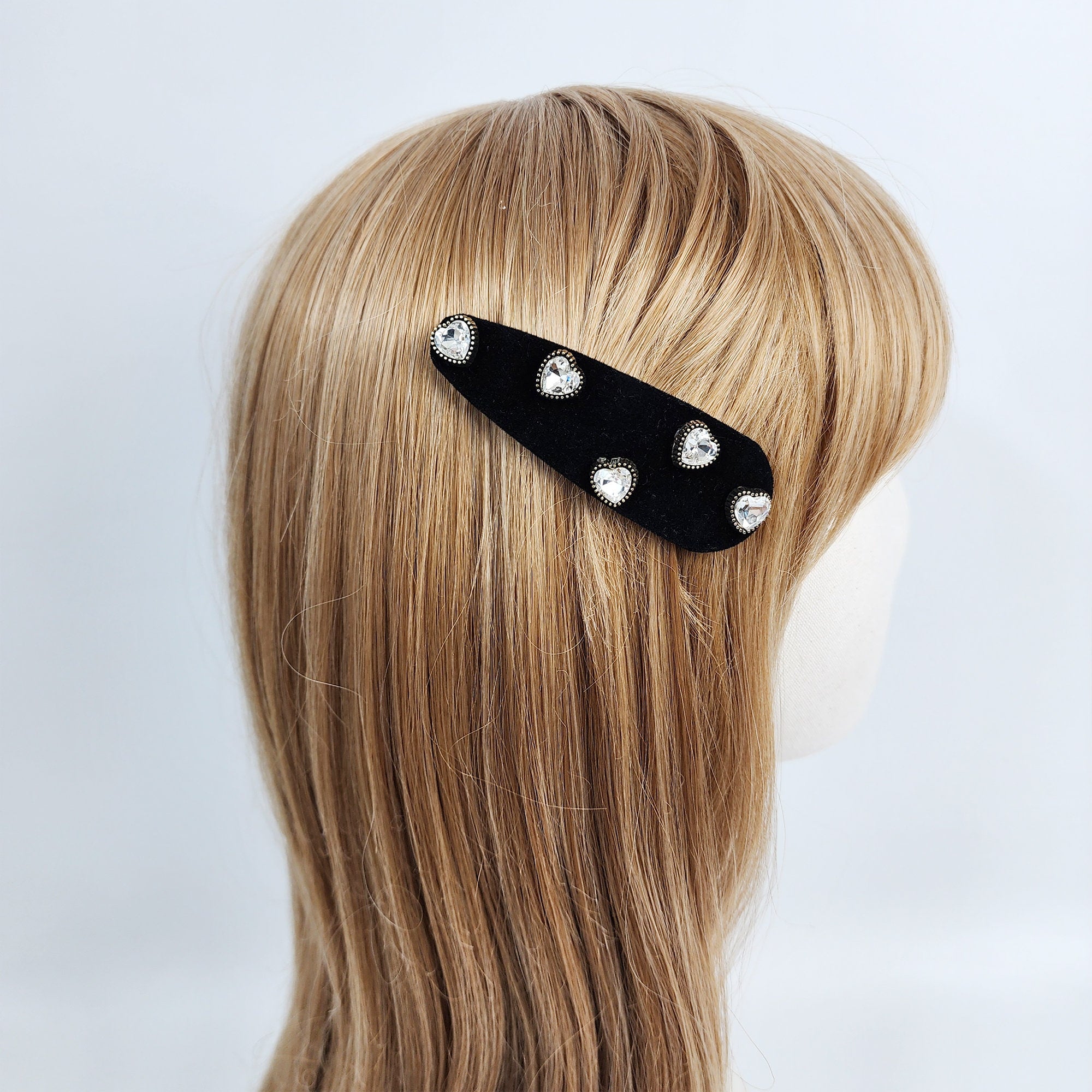 Black Velvet Heart Triangle Snap Clip (3.1 Inch) / Cute Hairgrip Barrette with Pearl and Cubic / Hair Accessory / Tic Tac Hair Clip Pin