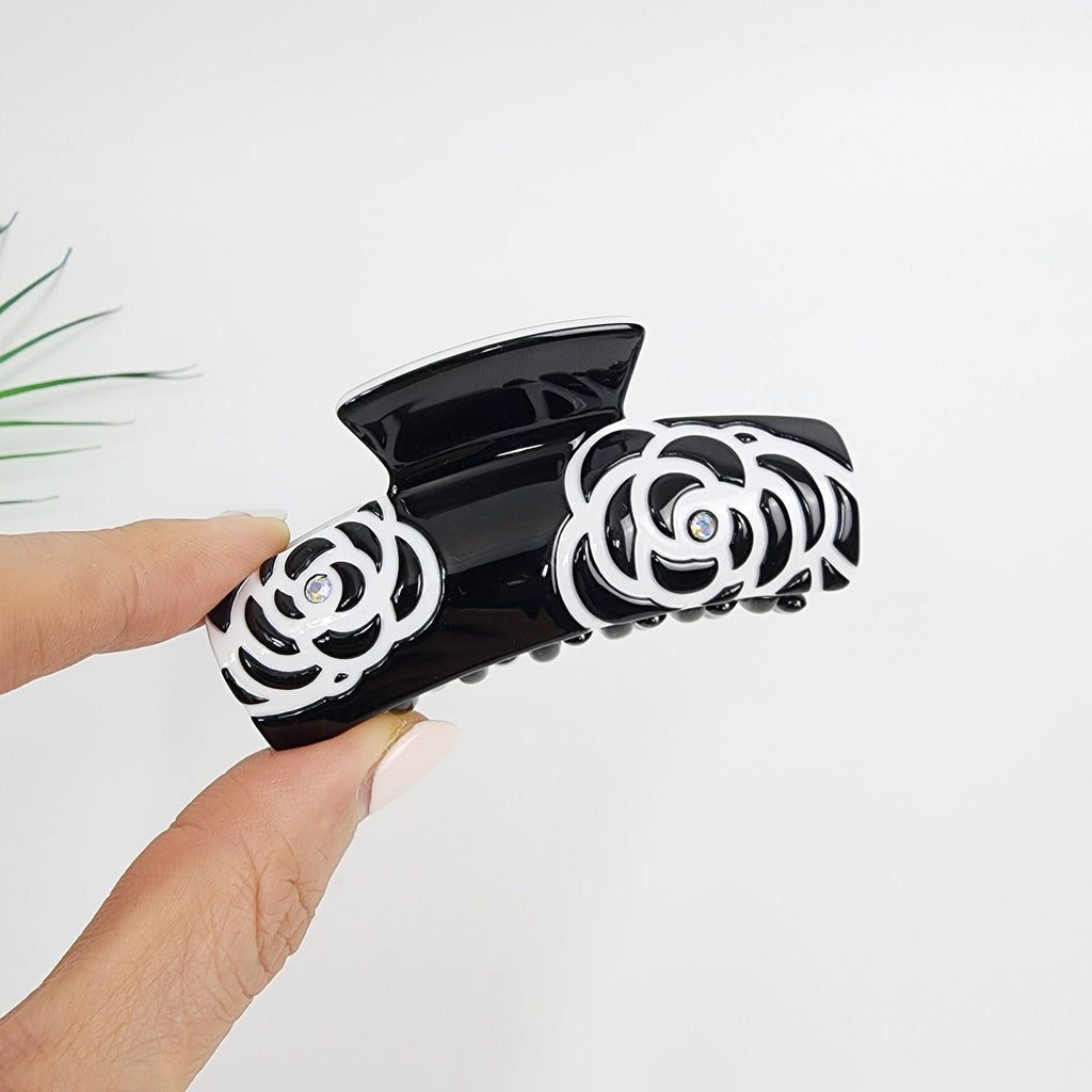 Curved Square Camellia Flower Hair Claw Clip (3.1 Inch) / Tortoise Shell French Hair Claw / Hair Barrette for Woman