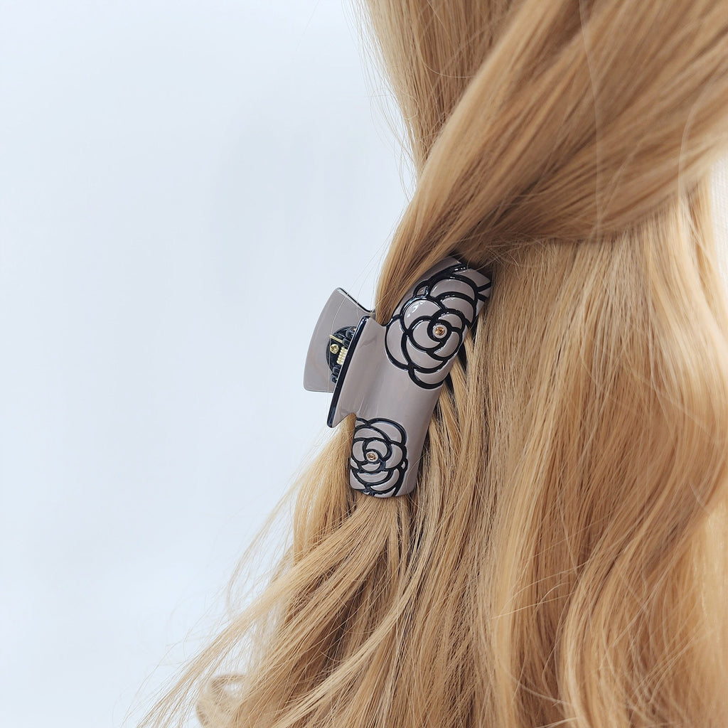 Curved Square Camellia Flower Hair Claw Clip (3.1 Inch) / Tortoise Shell French Hair Claw / Hair Barrette for Woman
