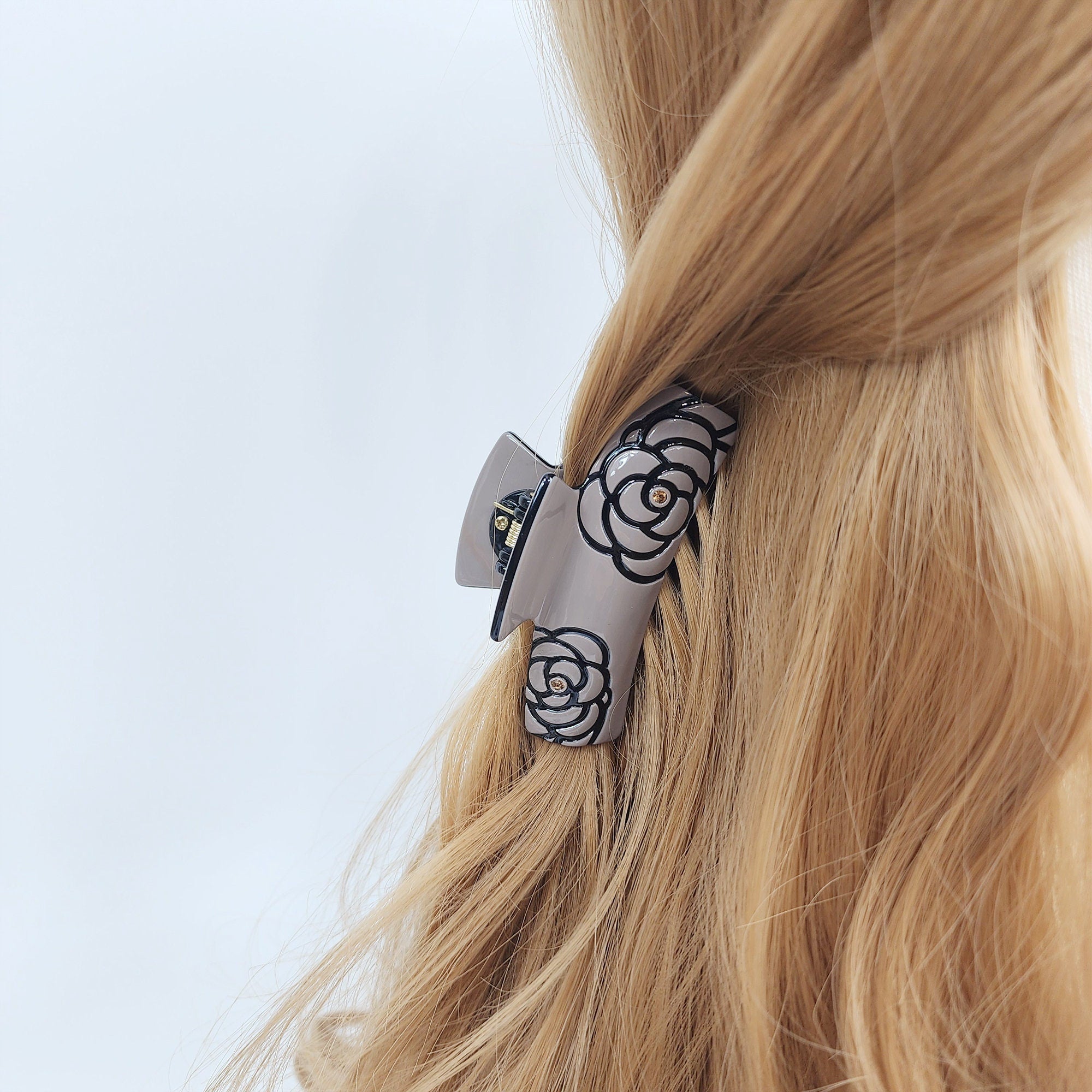 Curved Square Camellia Flower Hair Claw Clip (3.1 Inch) / Tortoise Shell French Hair Claw / Hair Barrette for Woman