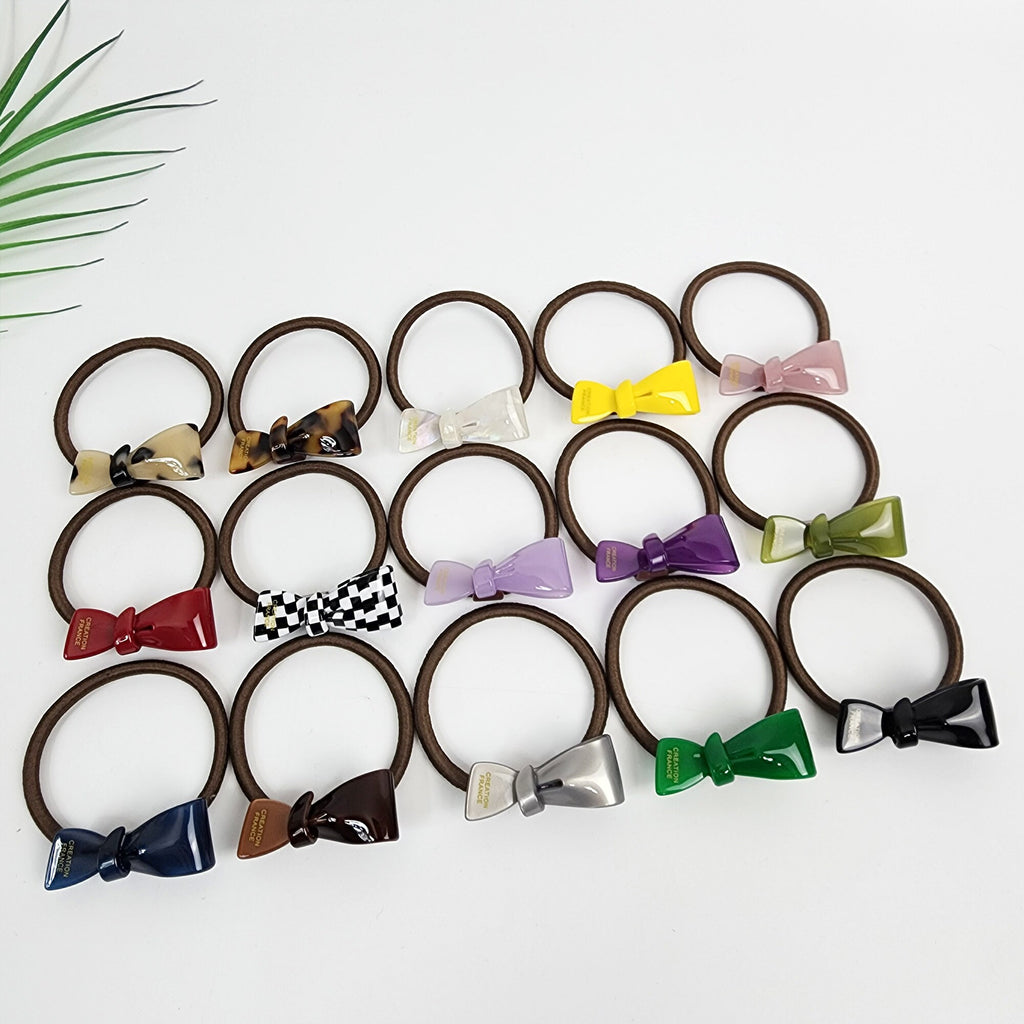 Acetate mini bow hair tie in tortoise red and pastel. Small ribbon ponytail holder 1.7 inch. Preppy Korean fashion accessory for girls birthday gift.