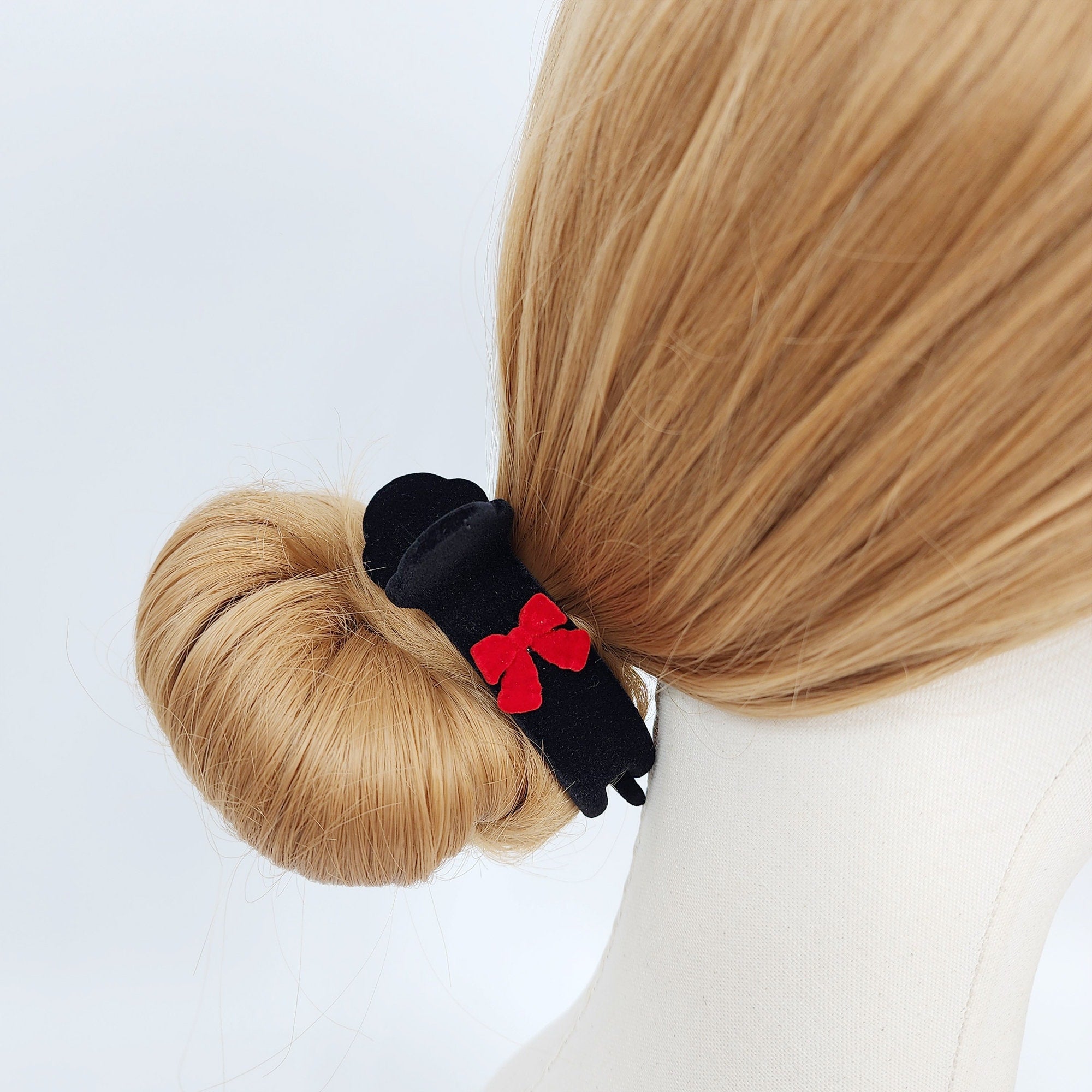Black Velvet Mini Ribbon Two Leg Low Bun Hair Claw Clip / Medium Size Ponytail Holder / Hair Barrette for Woman
