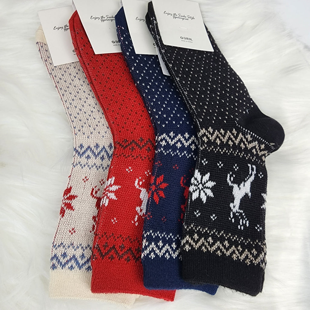 Christmas Reindeer Socks | Crew Jacquard Knit Pattern | Korean Socks | Holiday Winter Gift