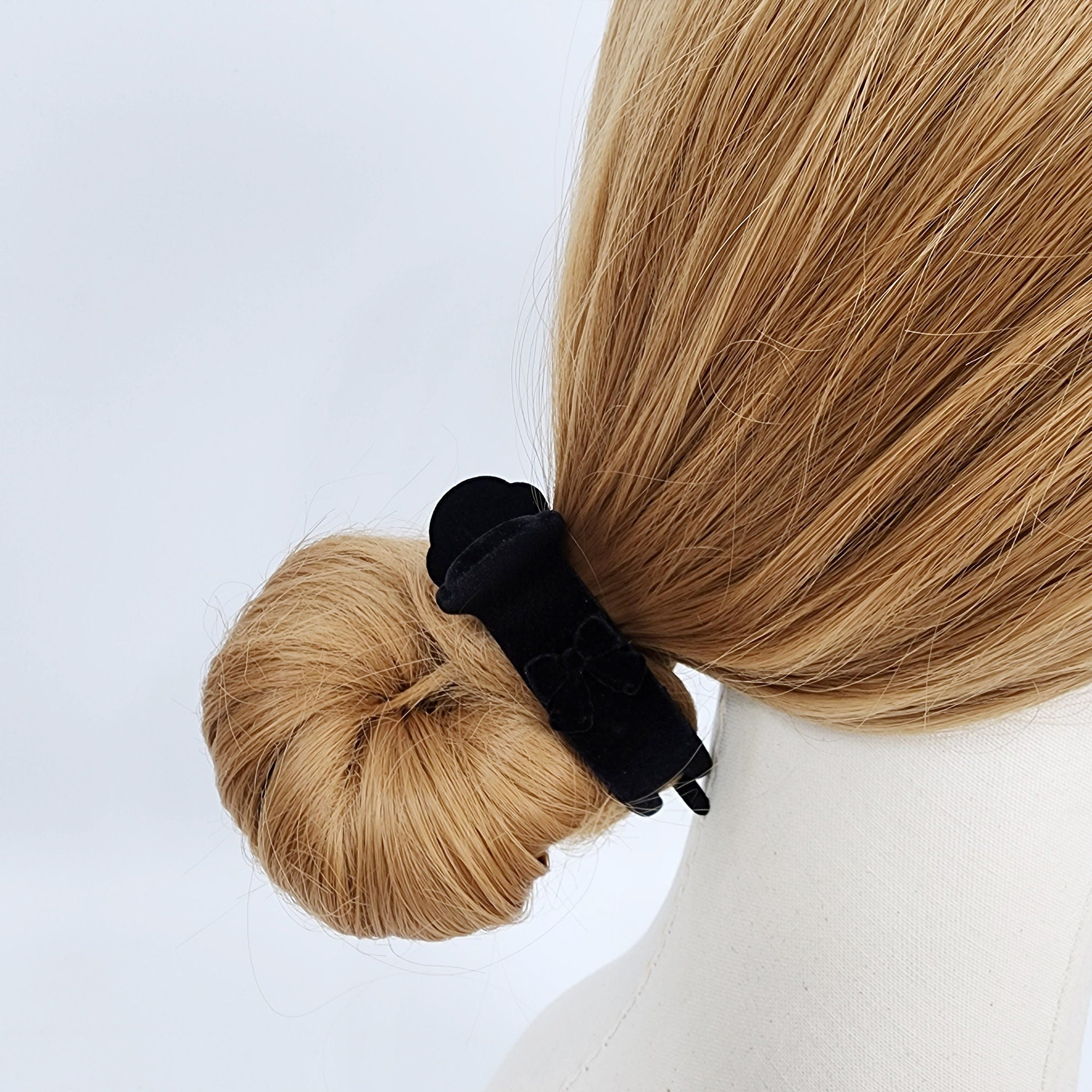 Black Velvet Mini Ribbon Two Leg Low Bun Hair Claw Clip / Medium Size Ponytail Holder / Hair Barrette for Woman