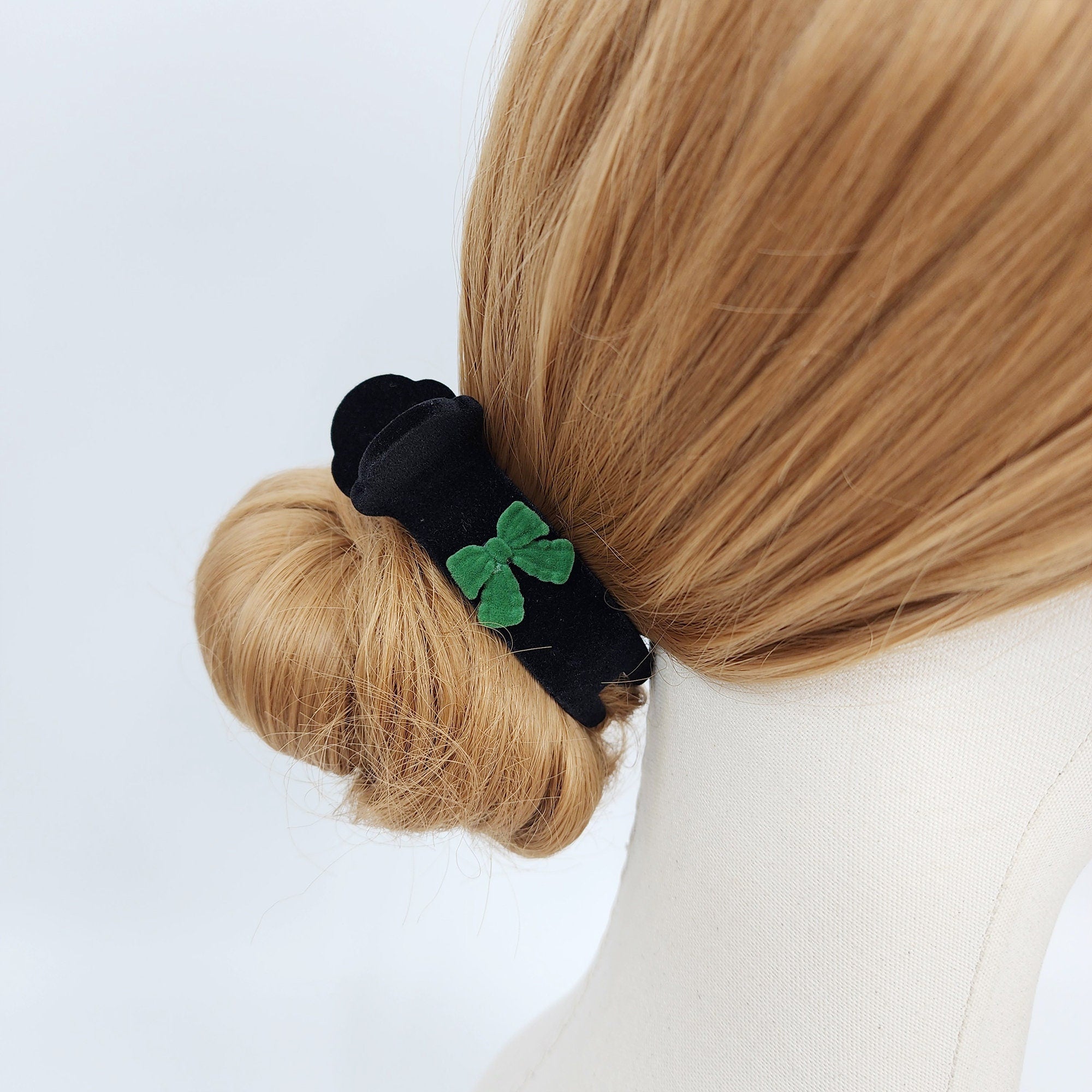 Black Velvet Mini Ribbon Two Leg Low Bun Hair Claw Clip / Medium Size Ponytail Holder / Hair Barrette for Woman