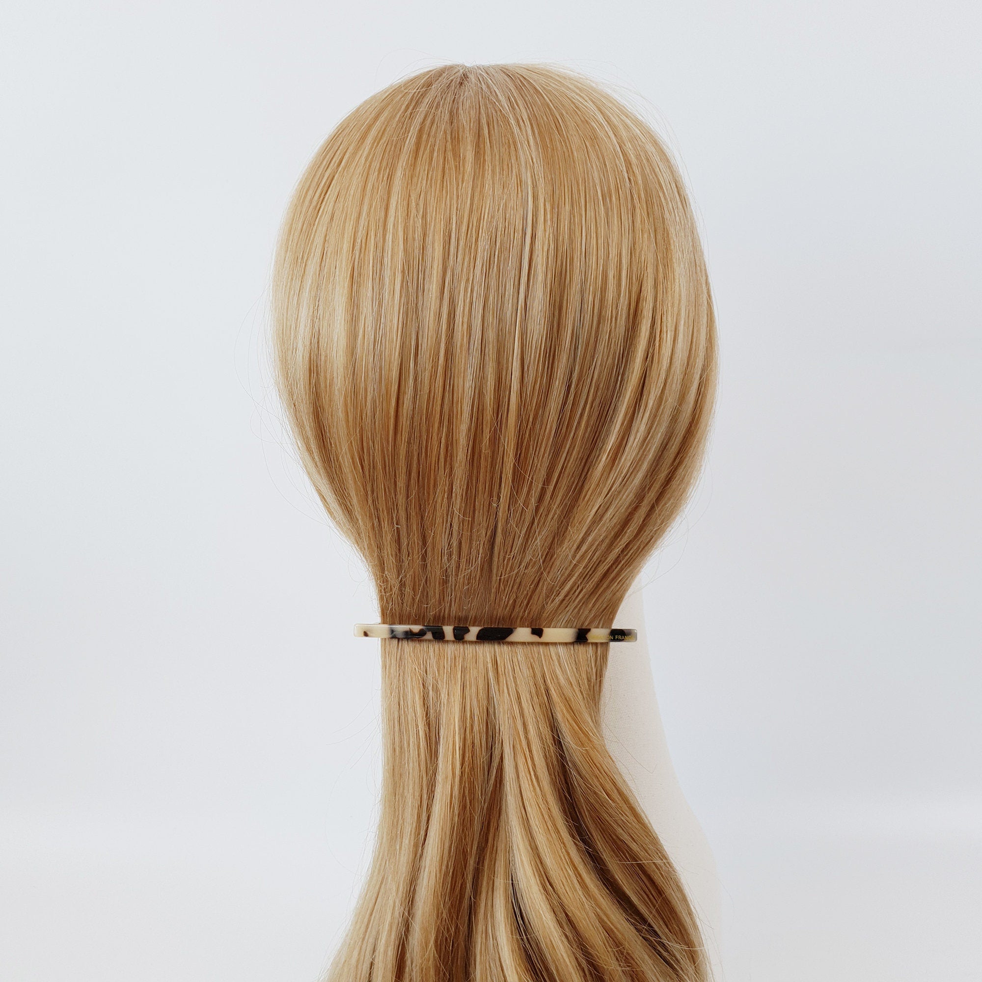 Slim cellulose acetate barrette in tortoise shell and marble patterns. Long 4.1 inch narrow hair clip for elegant half up hairstyles and fine hair.