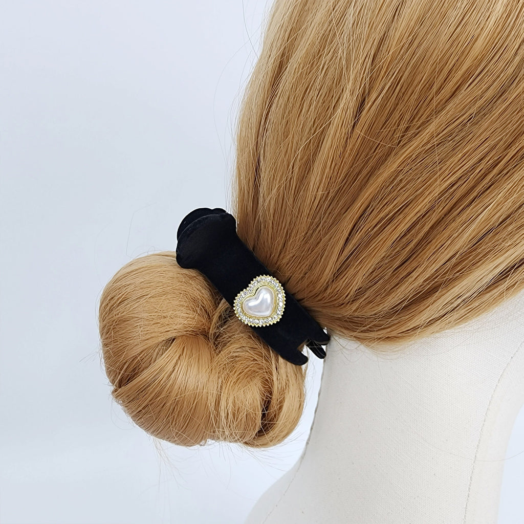 Black Velvet Hair Clip with Pearl Cubic / Simple Round Ponytail Holder / Hair Barrette for Woman / Pearl Hair Claw Clip