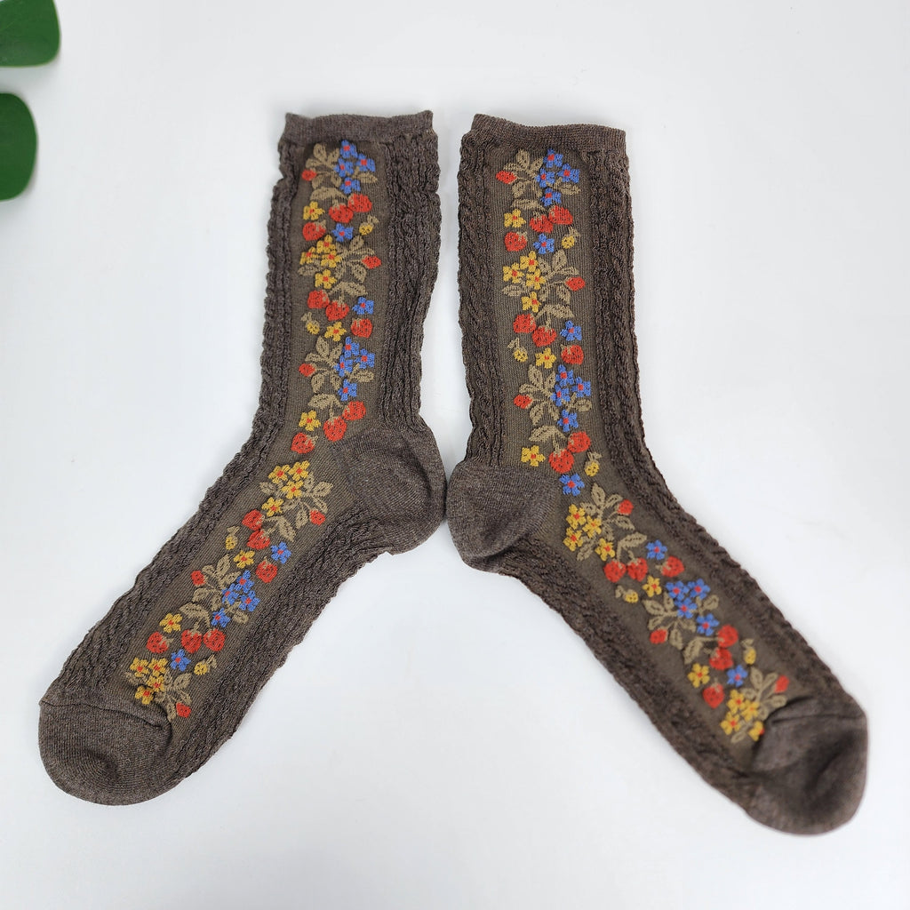 Vintage Floral Socks | Cotton Cable Knit Crew | Korean Socks | Christmas Gift for Her