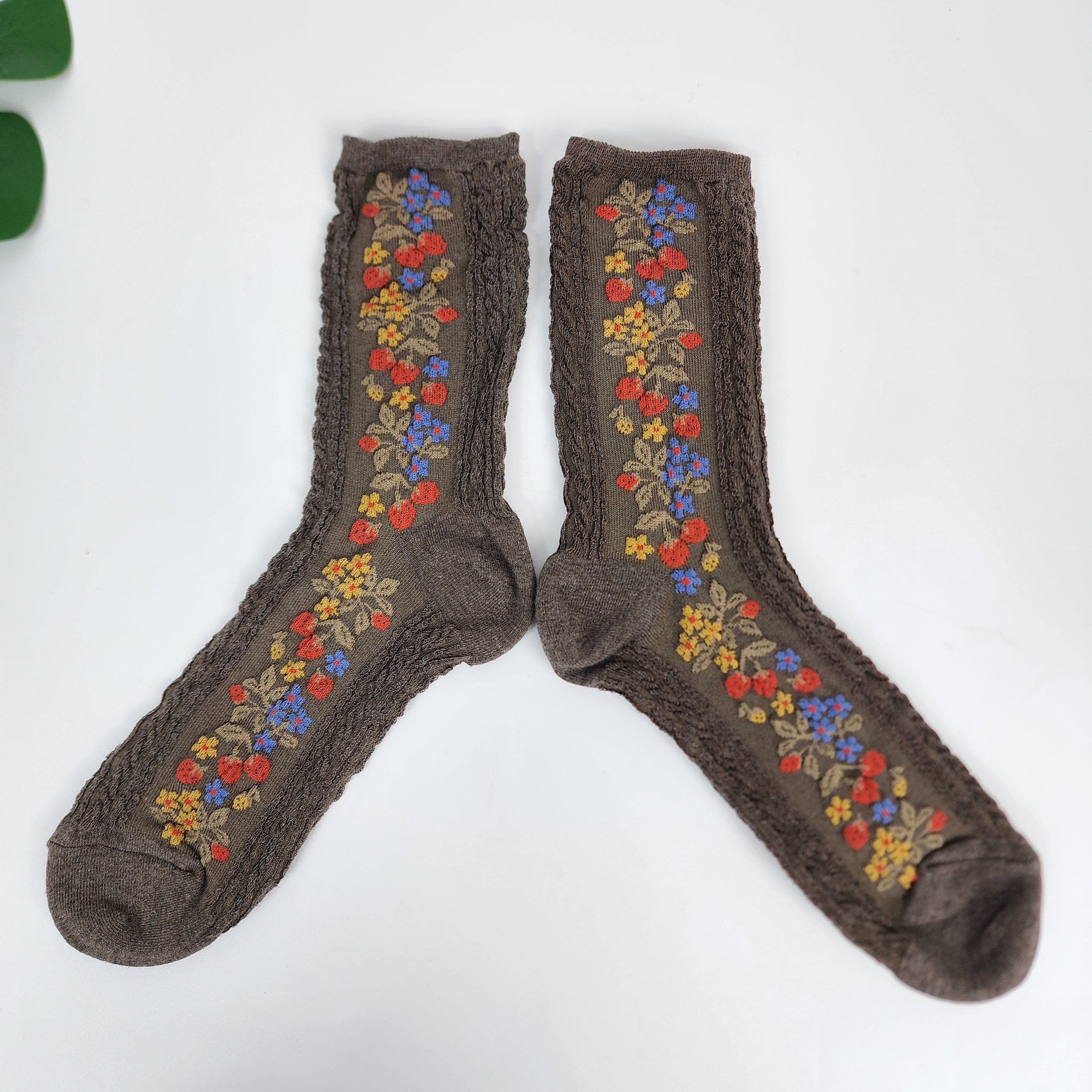 Vintage Floral Socks | Cotton Cable Knit Crew | Korean Socks | Christmas Gift for Her