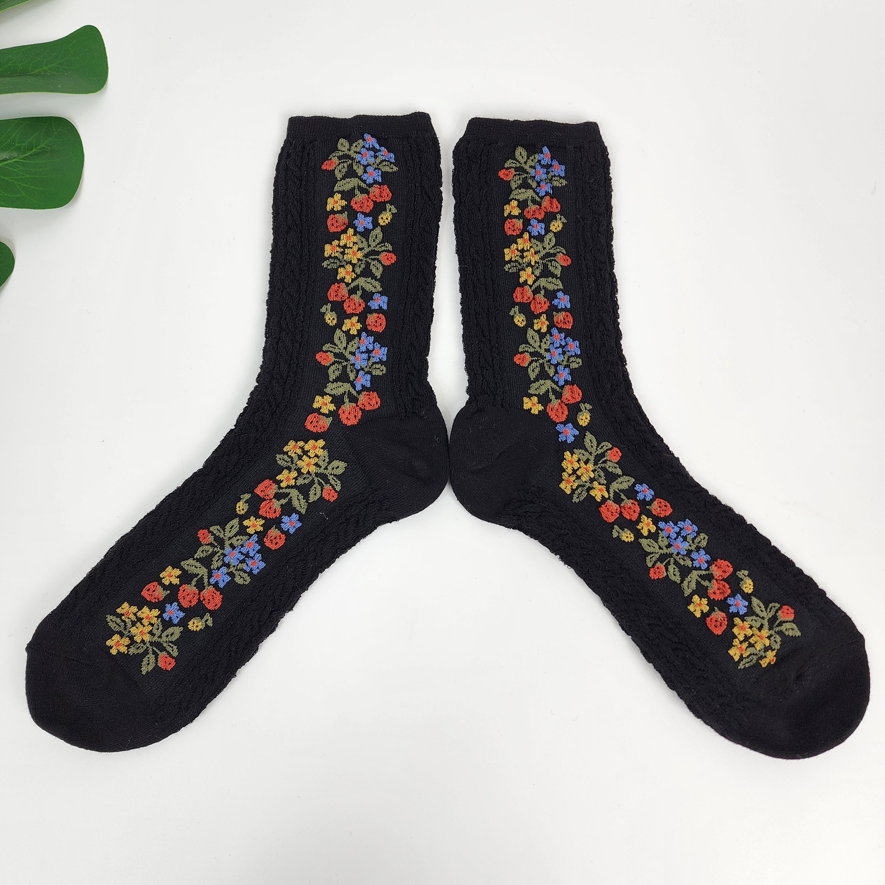 Vintage Floral Socks | Cotton Cable Knit Crew | Korean Socks | Christmas Gift for Her