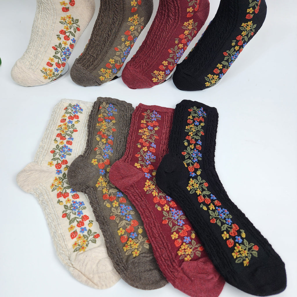 Vintage Floral Socks | Cotton Cable Knit Crew | Korean Socks | Christmas Gift for Her