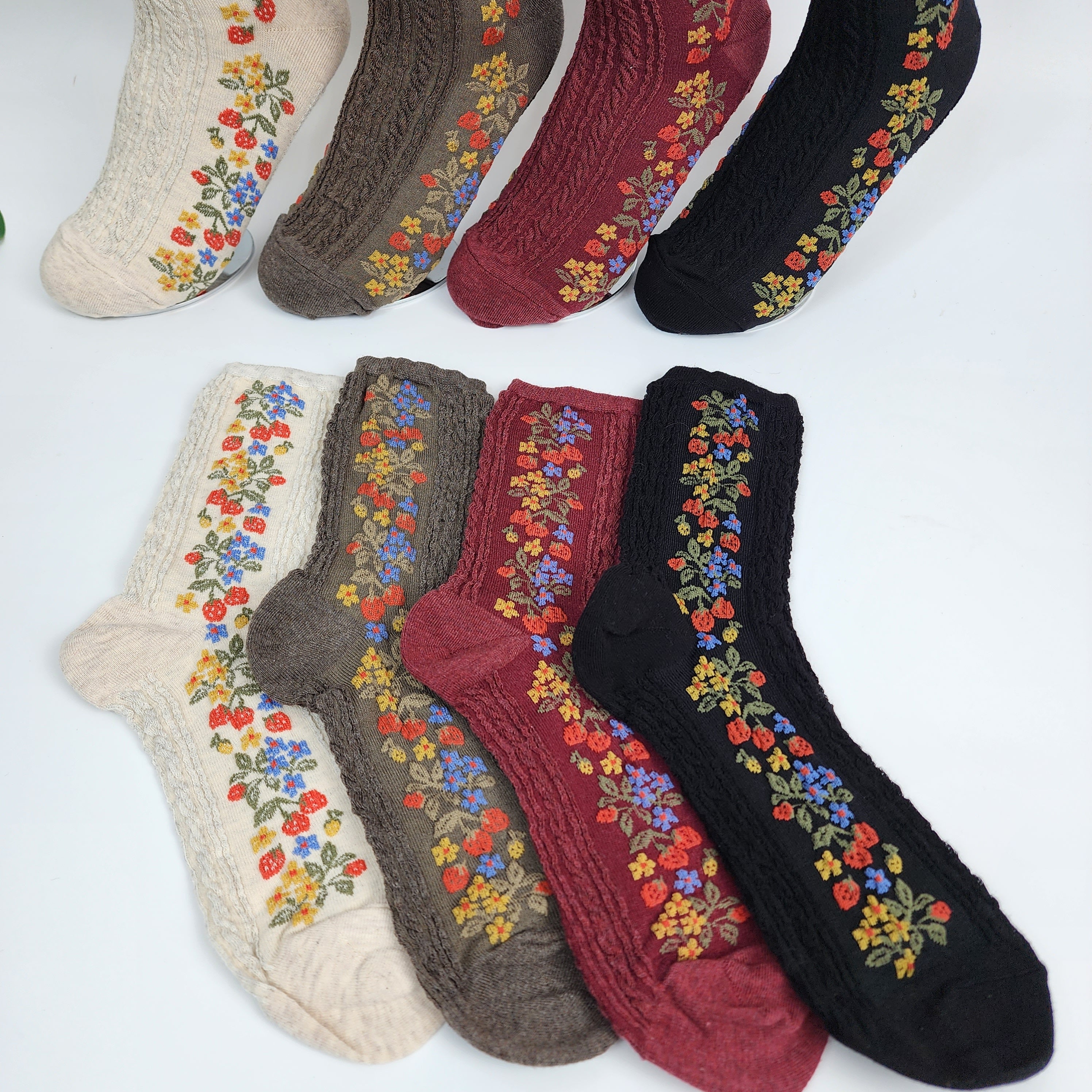 Vintage Floral Socks | Cotton Cable Knit Crew | Korean Socks | Christmas Gift for Her