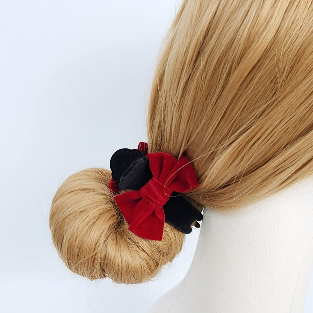 Black Velvet Christmas Ribbon Two Leg Low Bun Hair Claw Clip / Medium Size Ponytail Holder / Hair Barrette for Woman