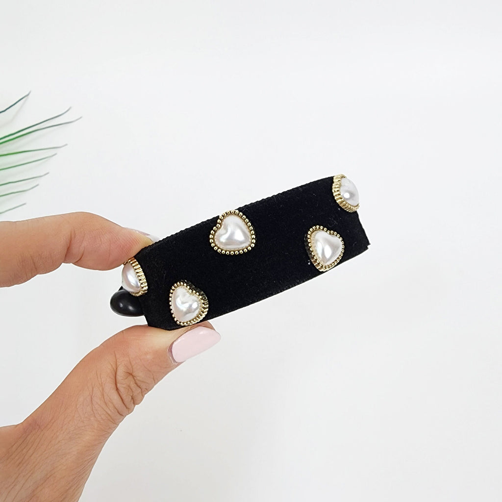 Black Velvet Heart Pearl Cubic Half Moon Banana Claw Clip (3.0 Inch) / Ponytail Holder for Woman / Clincher Comb Hair Accessory