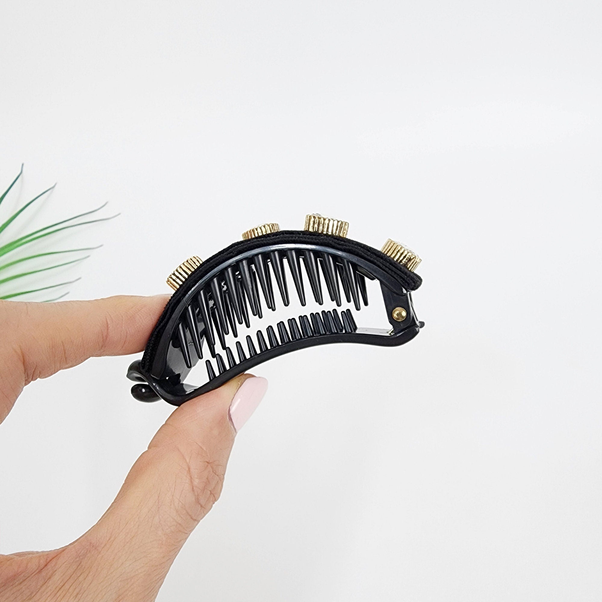 Black Velvet Heart Pearl Cubic Half Moon Banana Claw Clip (3.0 Inch) / Ponytail Holder for Woman / Clincher Comb Hair Accessory