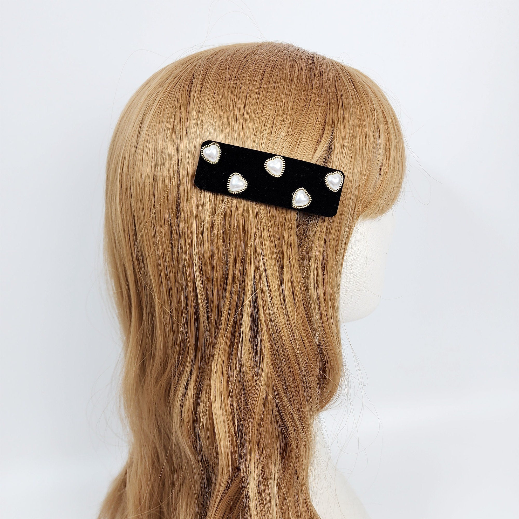 Black Velvet Heart Triangle Snap Clip (3.1 Inch) / Cute Hairgrip Barrette with Pearl and Cubic / Hair Accessory / Tic Tac Hair Clip Pin