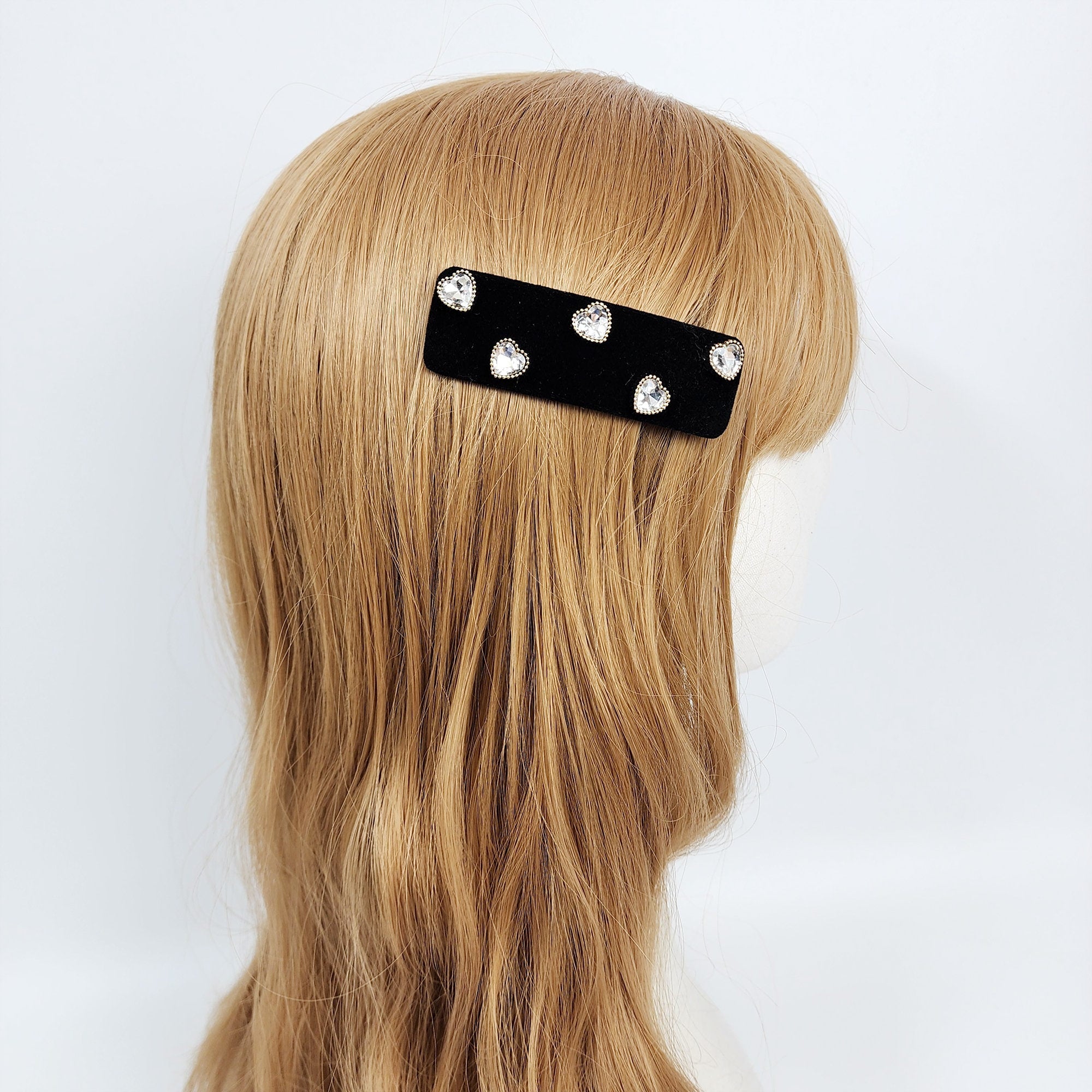 Black Velvet Heart Triangle Snap Clip (3.1 Inch) / Cute Hairgrip Barrette with Pearl and Cubic / Hair Accessory / Tic Tac Hair Clip Pin