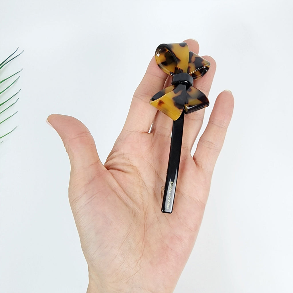 Tortoise Shell Bold Butterfly Ribbon Hair Barrette (4.7 Inch) / Leopard French Hair Pin / Hair Accessory for Woman / Automatic Hair Clip