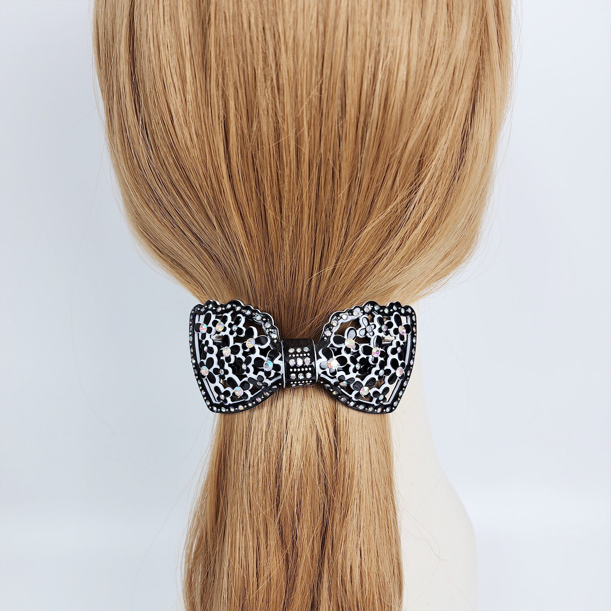 Pastel Color Flower Big Ribbon Hair Barrette with Cubic (3.9 Inch) / Luxurious French Hair Pin / Automatic Hair Clip