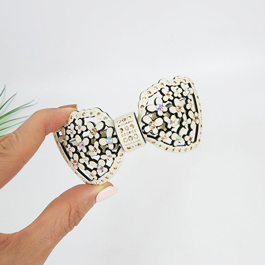 Pastel Color Flower Big Ribbon Hair Barrette with Cubic (3.9 Inch) / Luxurious French Hair Pin / Automatic Hair Clip