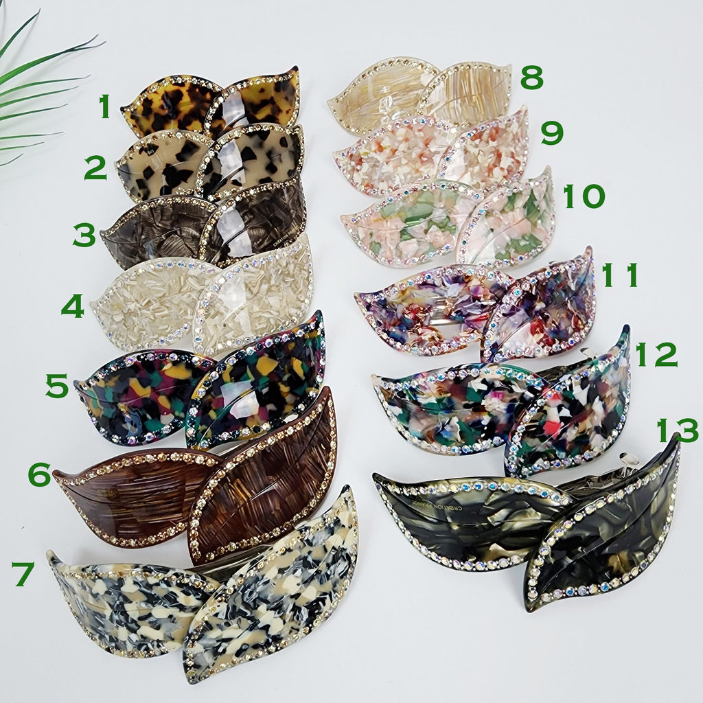 Leopard Big Leaf Hair Barrette with Cubic (4.1 Inch) / Luxurious French Hair Pin / Automatic Hair Clip