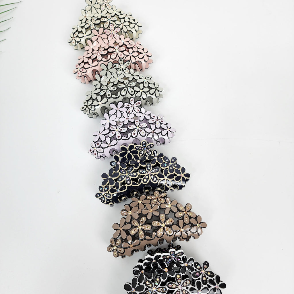 Pastel cellulose acetate hair claw clip with crystal flower design. Medium 3.3 inch floral jaw clip for half-up hairstyles.