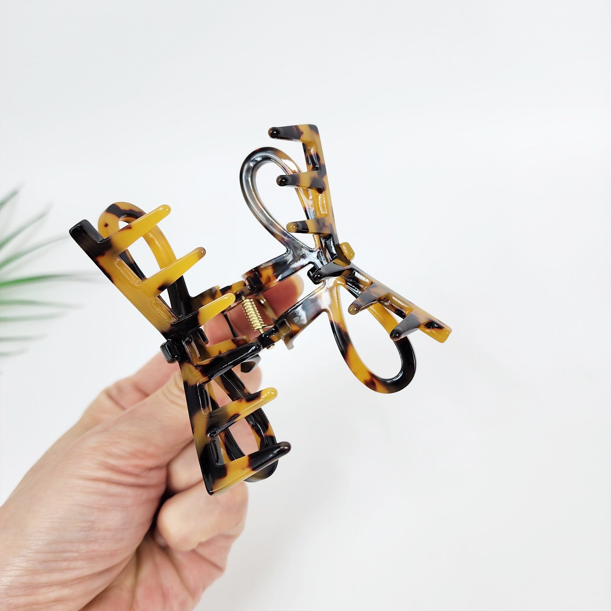 Leopard Gift Ribbon Hair Claw Clip (3.1 Inch) / Tortoise Shell Medium Size Ponytail Holder / French Pin / Hair Barrette for Woman