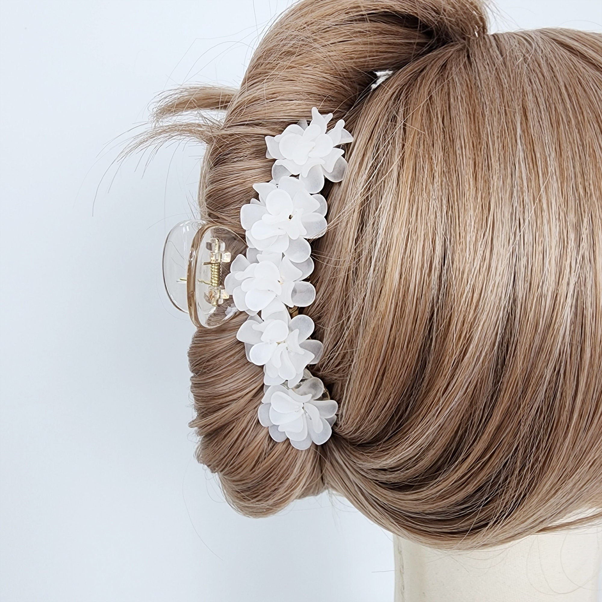 Large white acrylic hair claw clip decorated with blossom flowers and pearls. 4.3 inch floral jaw clamp for women's bridal updo or thick hair styling. Elegant hair accessory. A white flower hair clip with a clear plastic base. The clip is designed to hold hair in place and has a decorative floral design.