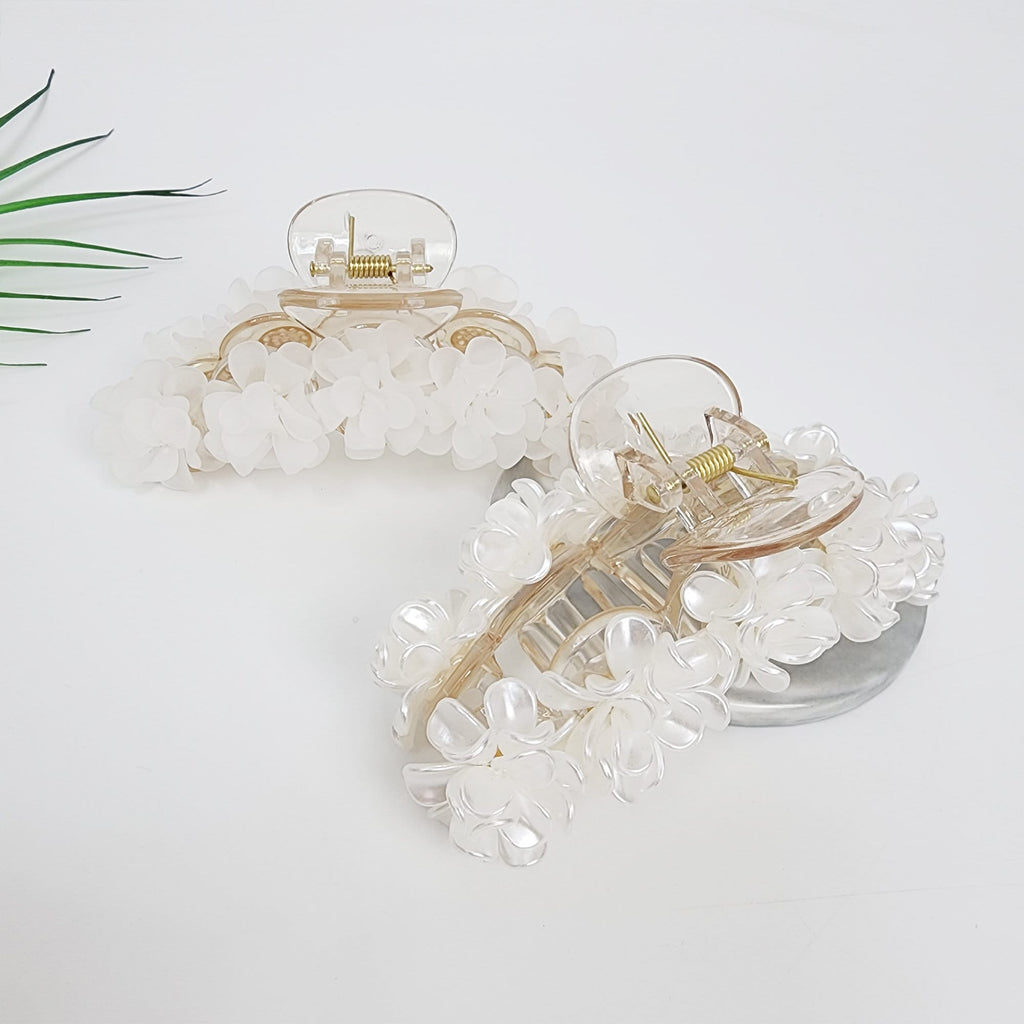 Elegance White Blossom Pearl Large Hair Claw Clip (4.3 Inch) / Jumbo Acrylic Hair Pin / Hair Accessory for Woman